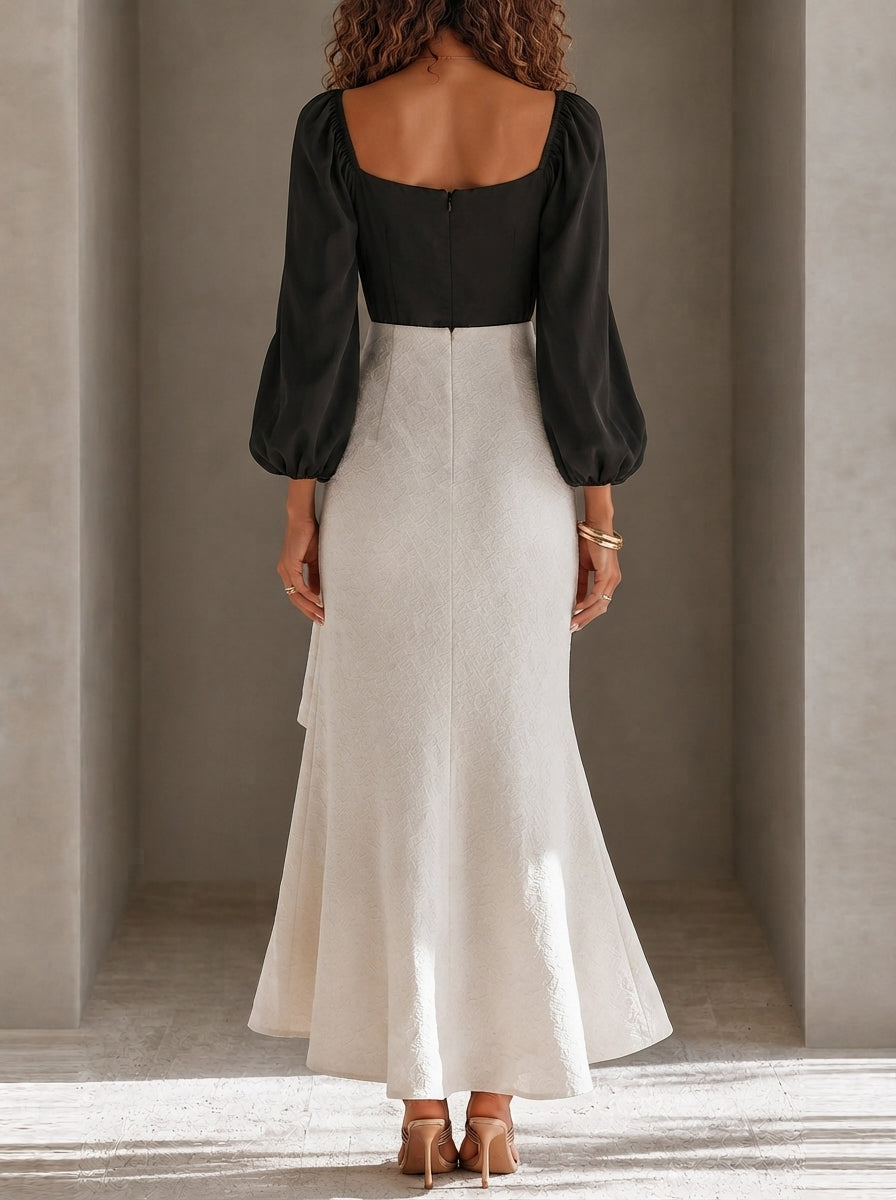 Black White Color Block Off Shoulder Balloon Sleeve Top & Skirt Two Piece Set