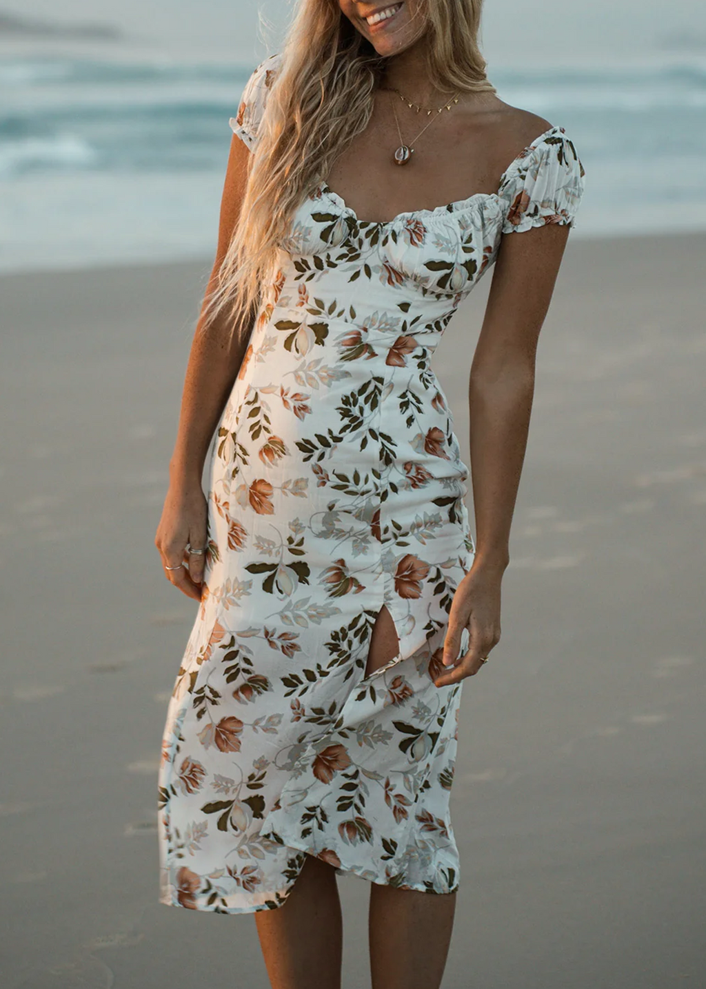 White Floral Print Fitted Slit Midi Dress