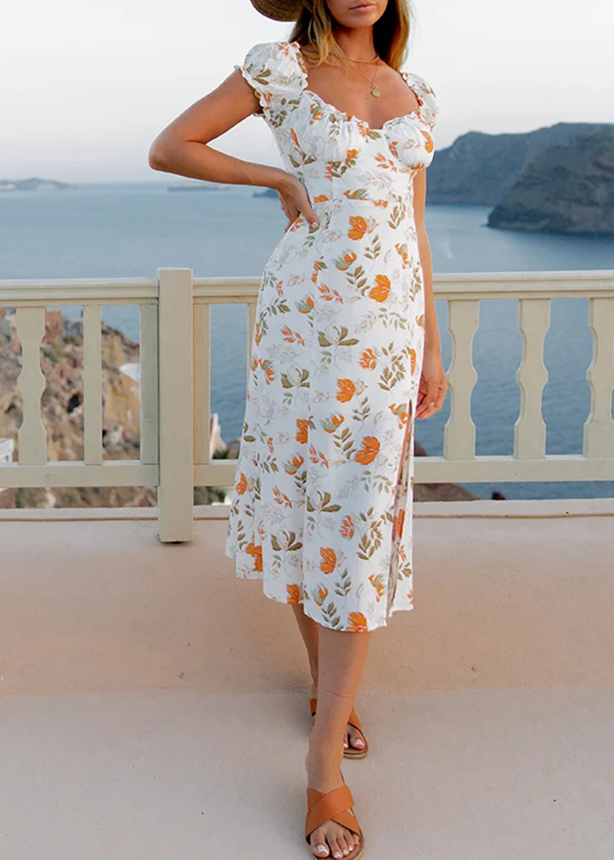 White Floral Print Fitted Slit Midi Dress