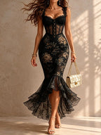 Black Romantic Floral Midi Mermaid Dress with Lace Trim