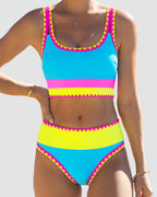 Color Contrast Patchwork Nylon Sporty 3 Piece Bikini Sets