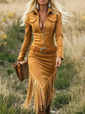 Vintage Western Lapel Zipper Tassel Midi Dress(Without belt)