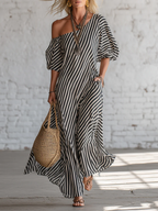 Elegant And Classic Striped Off-shoulder Maxi Dress