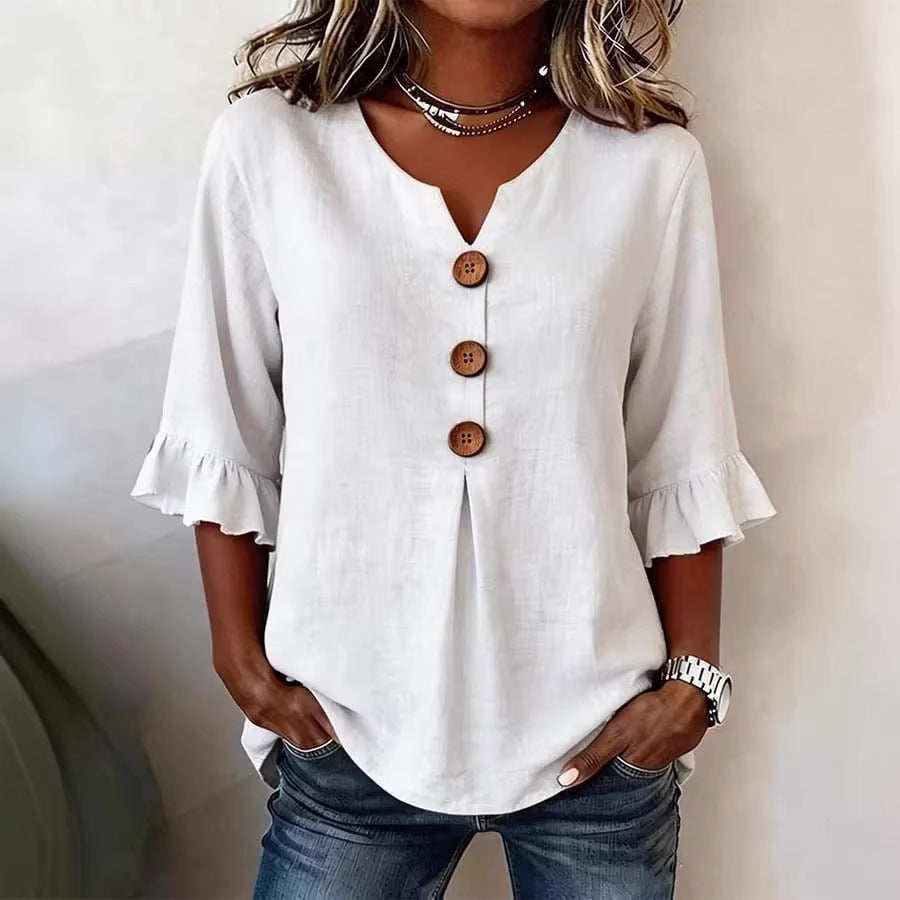 Solid V-Neck Button Ruffle Half Sleeve Casual Top