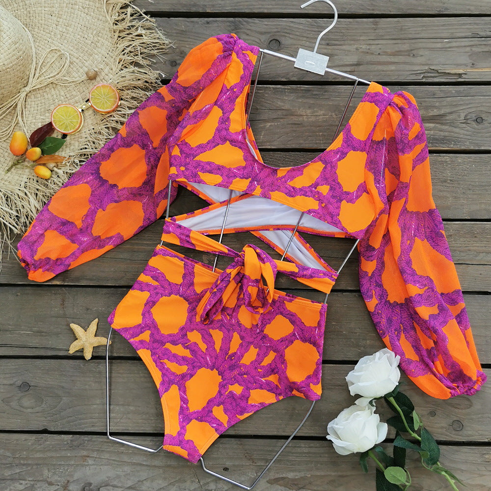 V-Neck Net Yarn Long Sleeves Bikini Swimsuit and Skirt