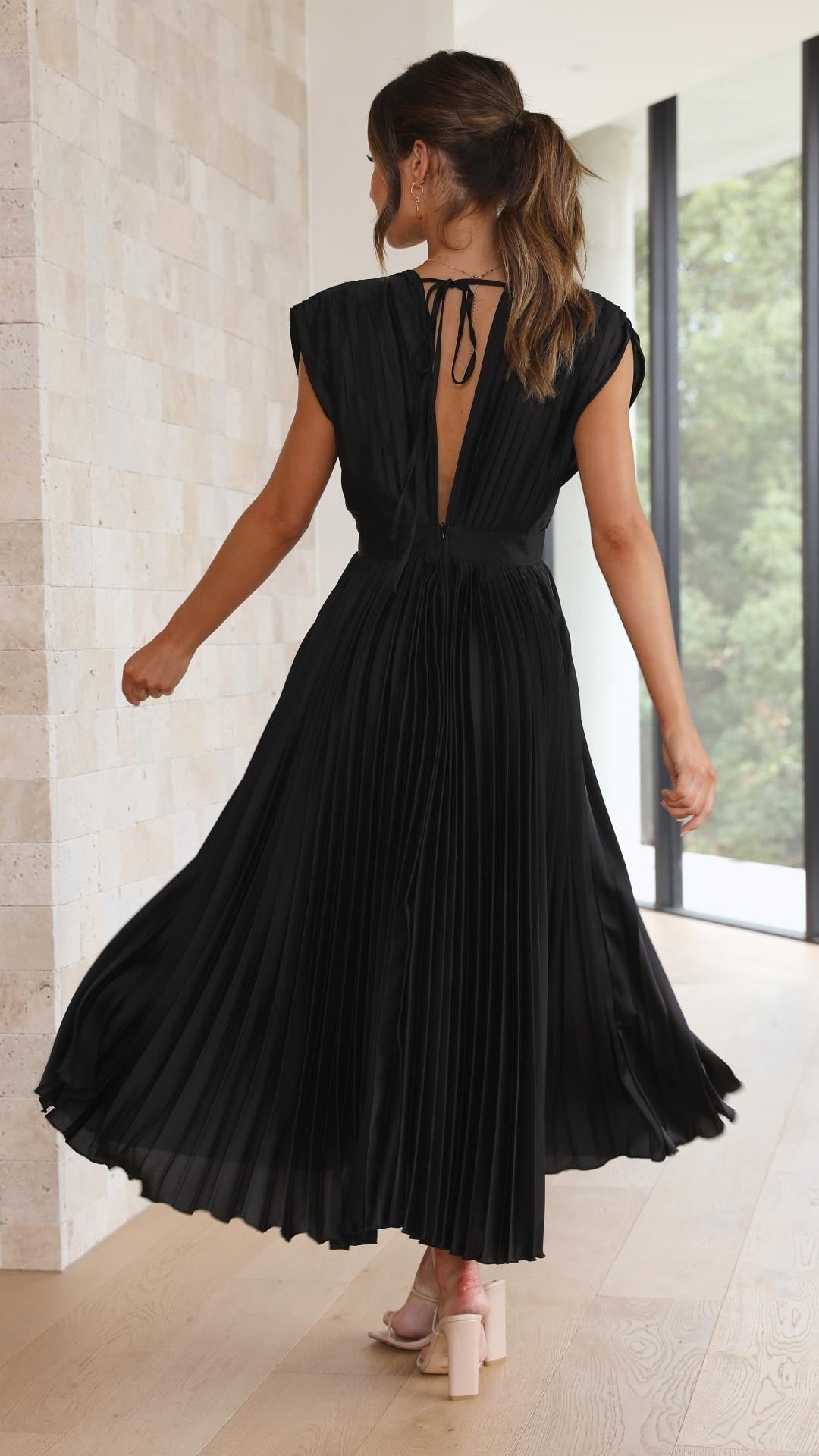 Elegant Satin Pleated V-neck Flowing Midi Dress