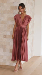 Elegant Satin Pleated V-neck Flowing Midi Dress