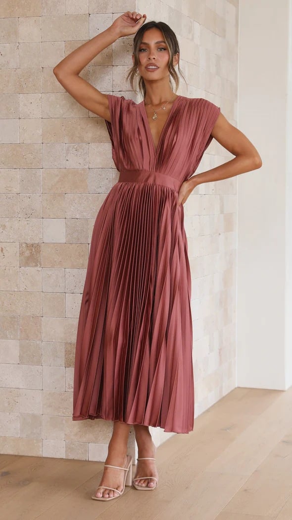 Elegant Satin Pleated V-neck Flowing Midi Dress