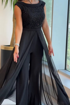 Crew-neck textured-panel tulle jumpsuit