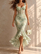 Green Romantic Floral Midi Mermaid Dress with Lace Trim