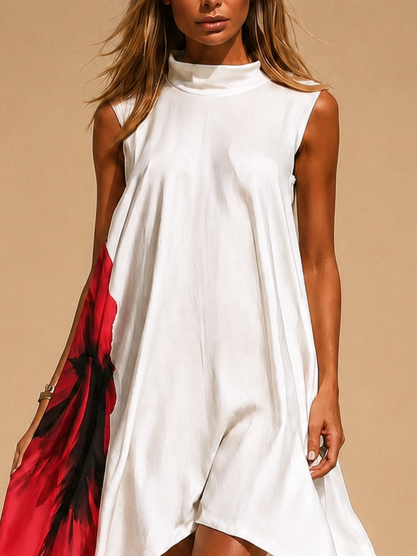 White Sleeveless Mock Neck Satin Maxi Dress Red Floral Ink Print Asymmetrical High Low Hem Dress