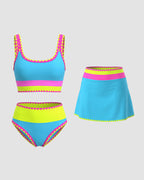Color Contrast Patchwork Nylon Sporty 3 Piece Bikini Sets