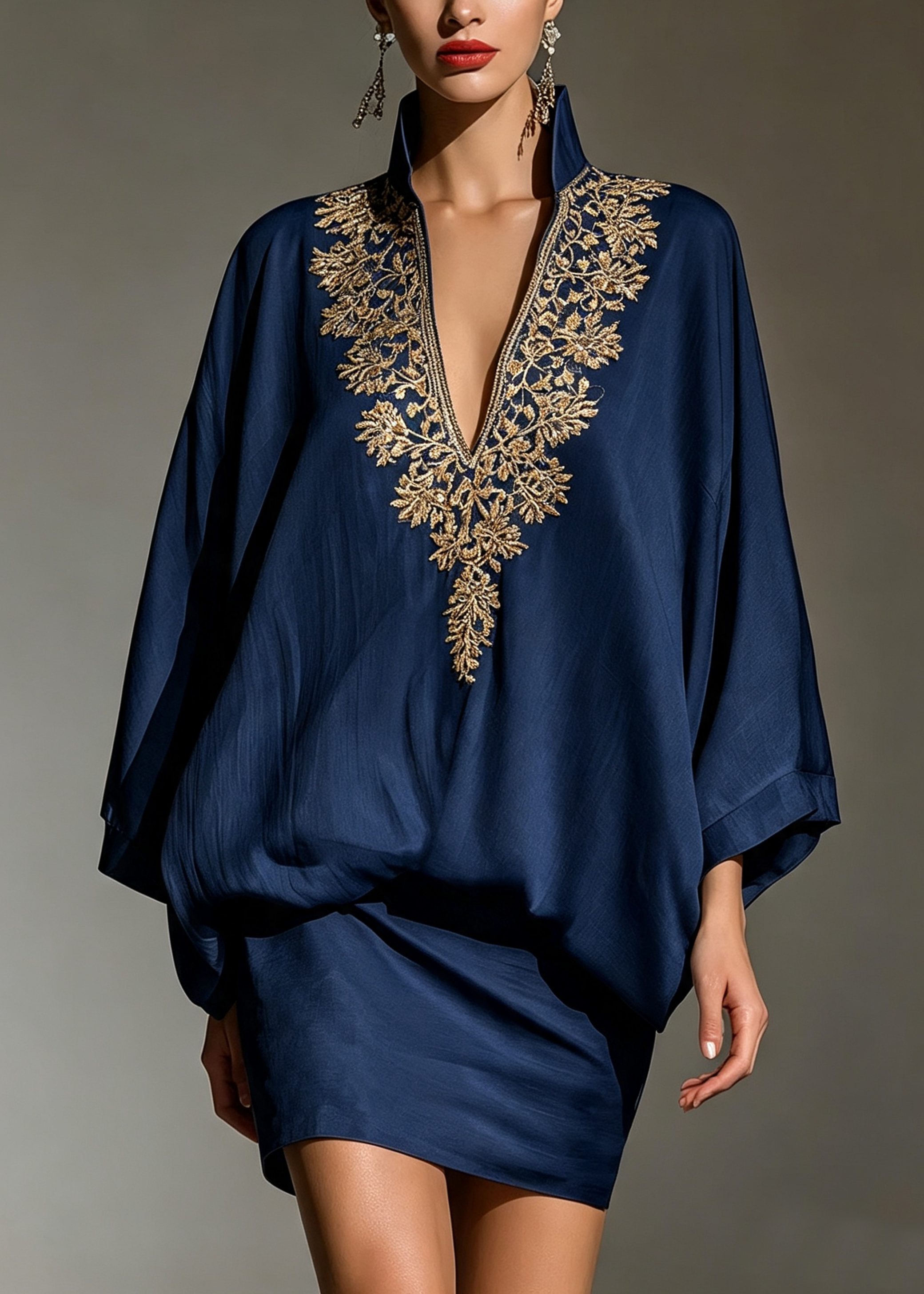 Navy Blue V Neck Loose Elegant Mini Skirt Set