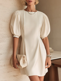 White Bubble Sleeve Pleated Belted Elegant Mini Dress
