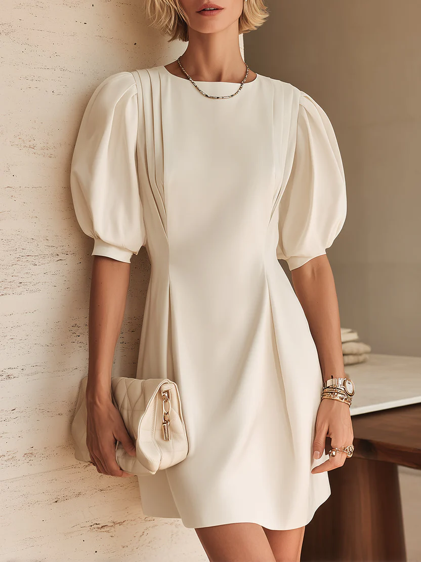 White Bubble Sleeve Pleated Belted Elegant Mini Dress