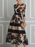 Black Lace Elegant A Line Midi Dress