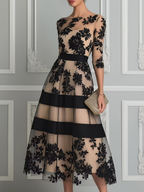 Black Lace Elegant A Line Midi Dress