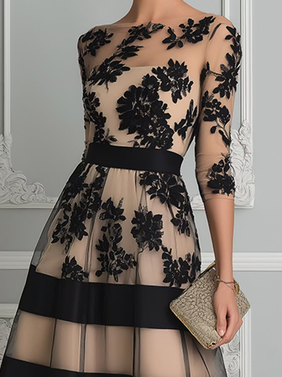 Black Lace Elegant A Line Midi Dress
