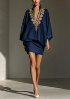 Navy Blue V Neck Loose Elegant Mini Skirt Set