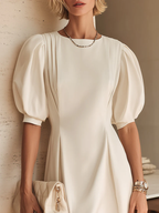 White Bubble Sleeve Pleated Belted Elegant Mini Dress