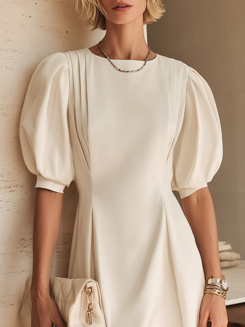 White Bubble Sleeve Pleated Belted Elegant Mini Dress