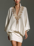 White V Neck Loose Elegant Mini Skirt Set