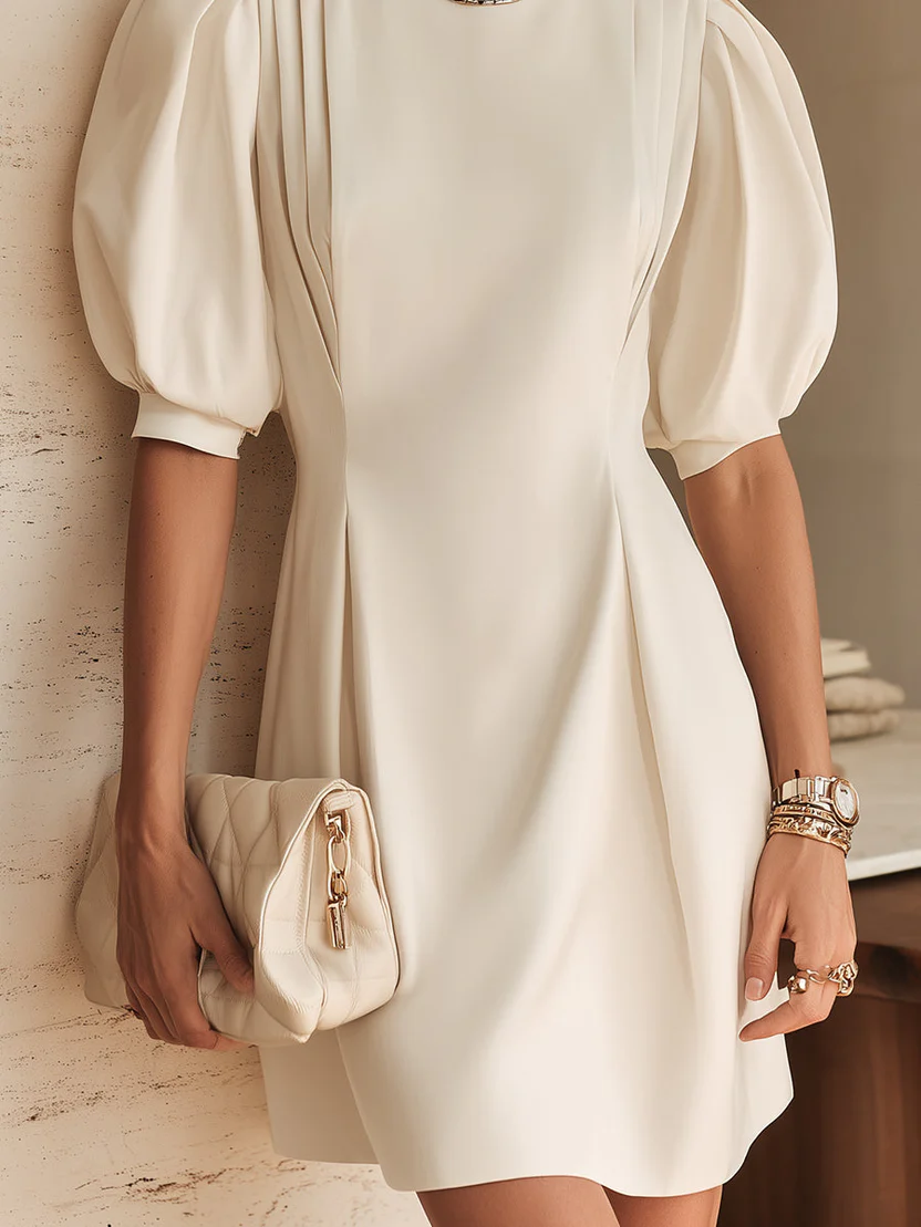White Bubble Sleeve Pleated Belted Elegant Mini Dress