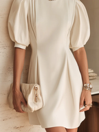 White Bubble Sleeve Pleated Belted Elegant Mini Dress