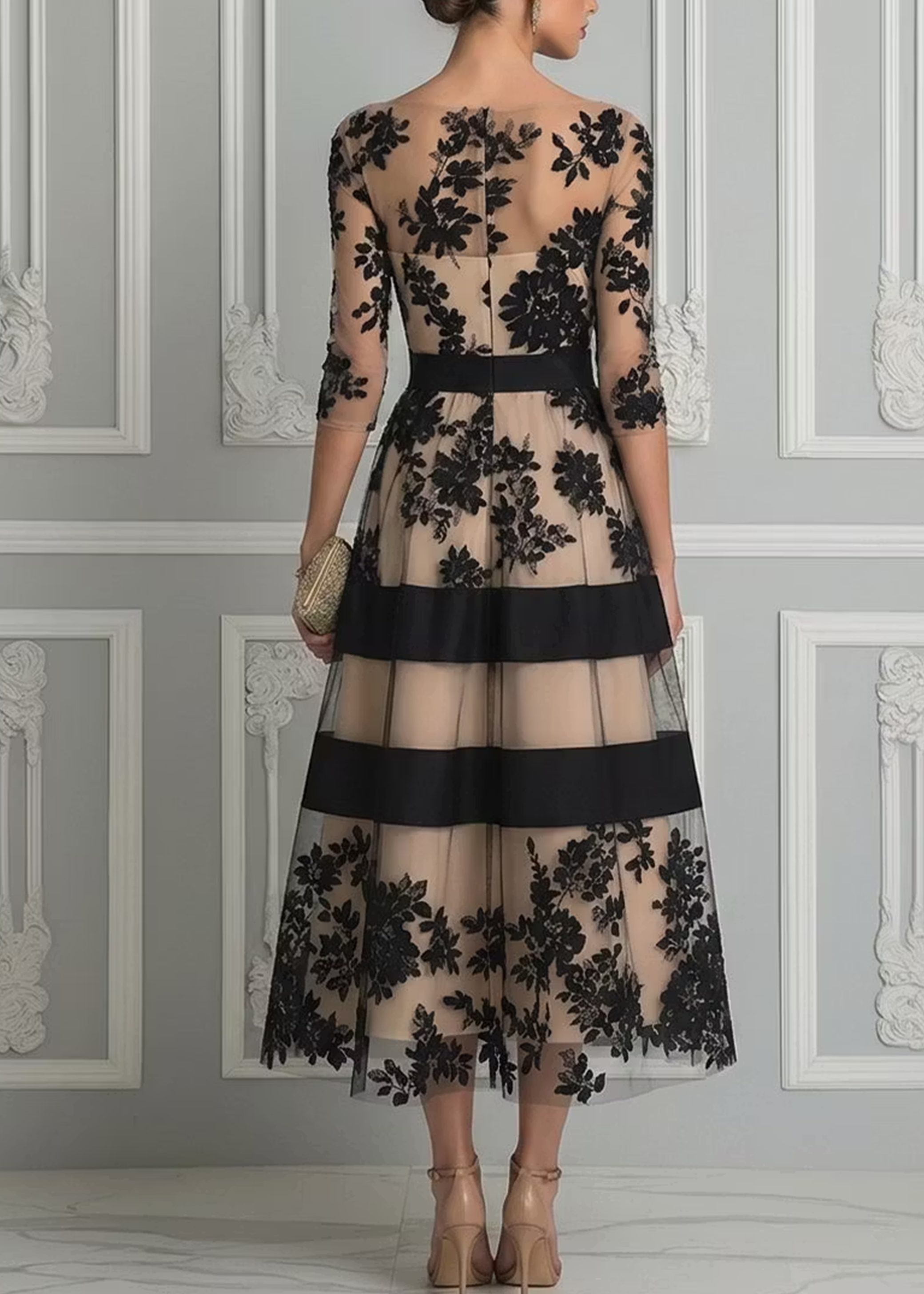 Black Lace Elegant A Line Midi Dress