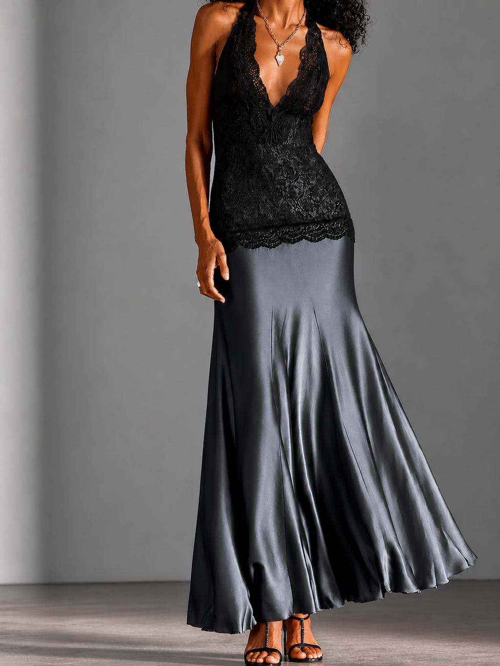 Black Lace Halter Cami Top & Satin Mermaid Maxi Skirt Two Piece Outfit