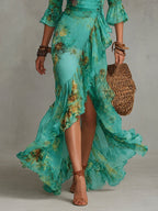 Grass Green Chiffon Irregular Ruffled Slit Maxi Dress