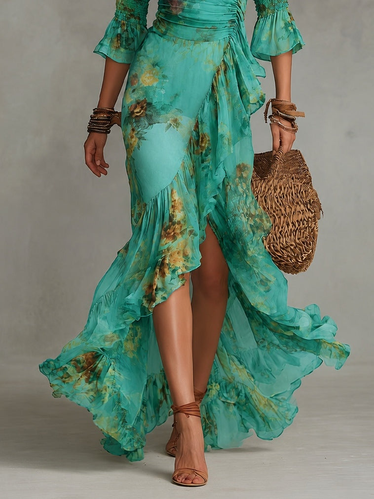 Grass Green Chiffon Irregular Ruffled Slit Maxi Dress