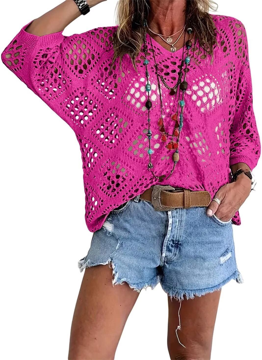 Bohemian V-neck Diamond-patterned Openwork Batwing Sleeve Knit Top