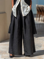 Black and white sleeveless vest and wide-leg trousers linen three-piece set