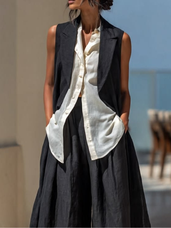 Black and white sleeveless vest and wide-leg trousers linen three-piece set