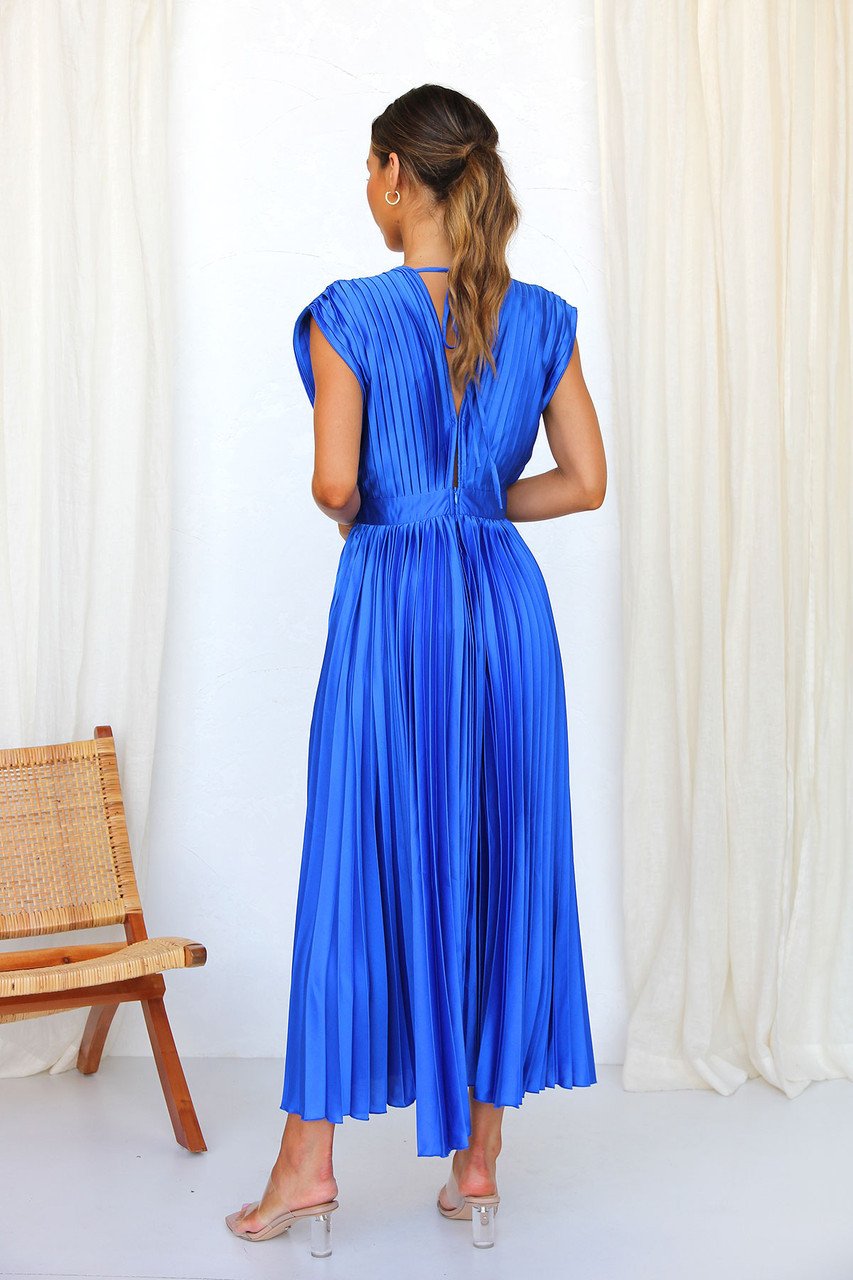 Elegant Satin Pleated V-neck Flowing Midi Dress