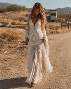 Apricot Lace V-neck Bell Sleeve Bohemian Maxi Dress