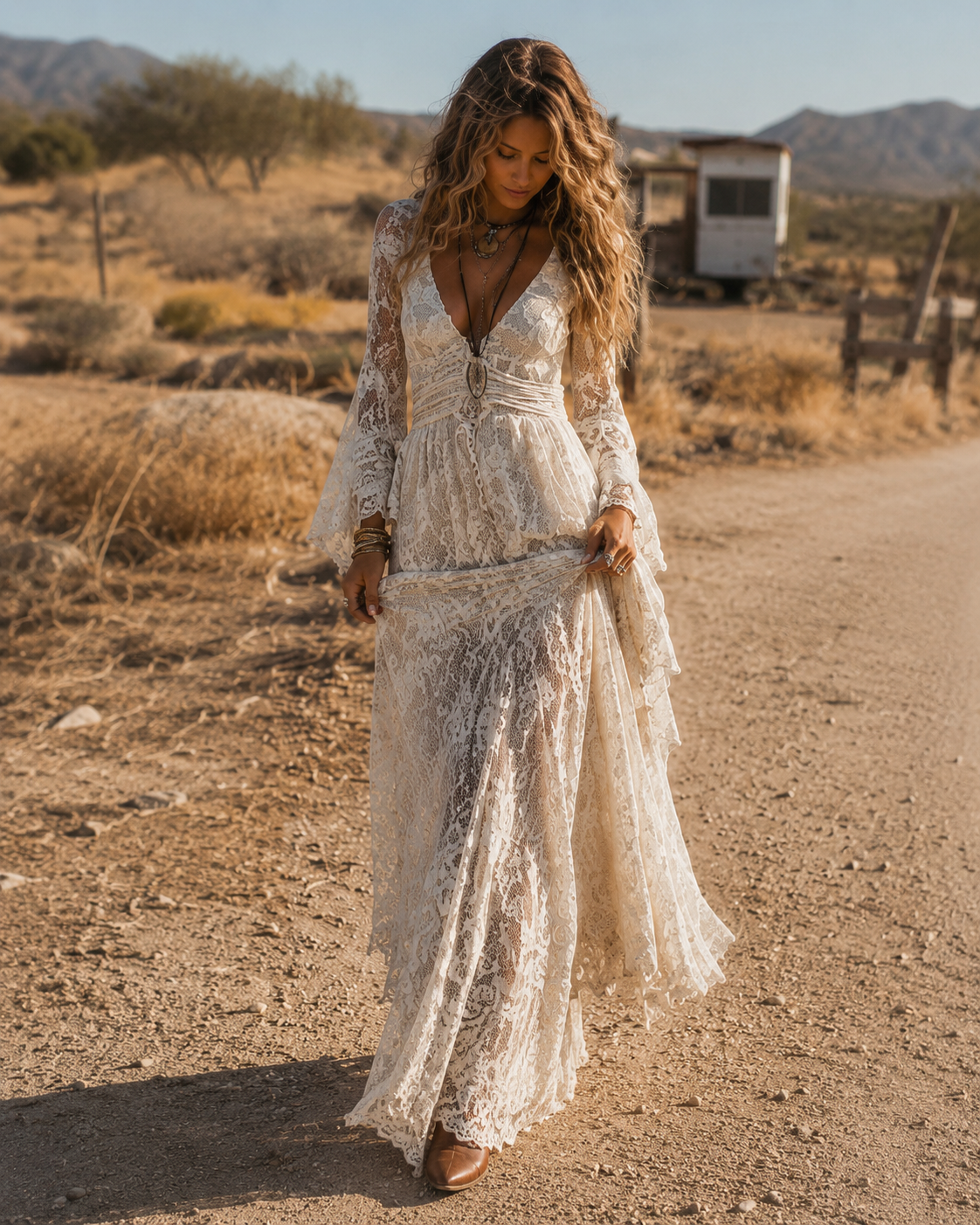 Apricot Lace V-neck Bell Sleeve Bohemian Maxi Dress