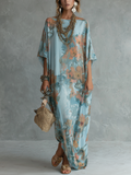 Bohemian Sky Blue Floral Print Loose Long Dress