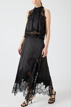 Lace Pleated Collar Top + Irregular Slit Skirt Set