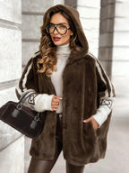 Plush Hooded Vertical Stripe Printed Casual Coat