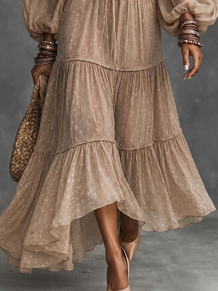 Khaki Ruffled V Neck Lantern Sleeve Tiered Maxi Dress Chiffon Boho Vacation Dress