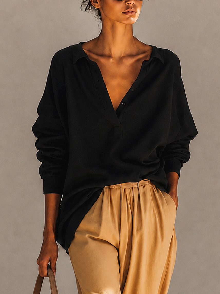 Oversized Black Henley Polo Long Sleeve Top & Khaki Elastic Waist Wide Leg Pants Two Piece Set