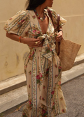 Beige Floral Print Bow Tie Crop Top Midi Skirt Set
