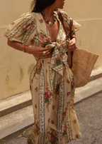 Beige Floral Print Bow Tie Crop Top Midi Skirt Set