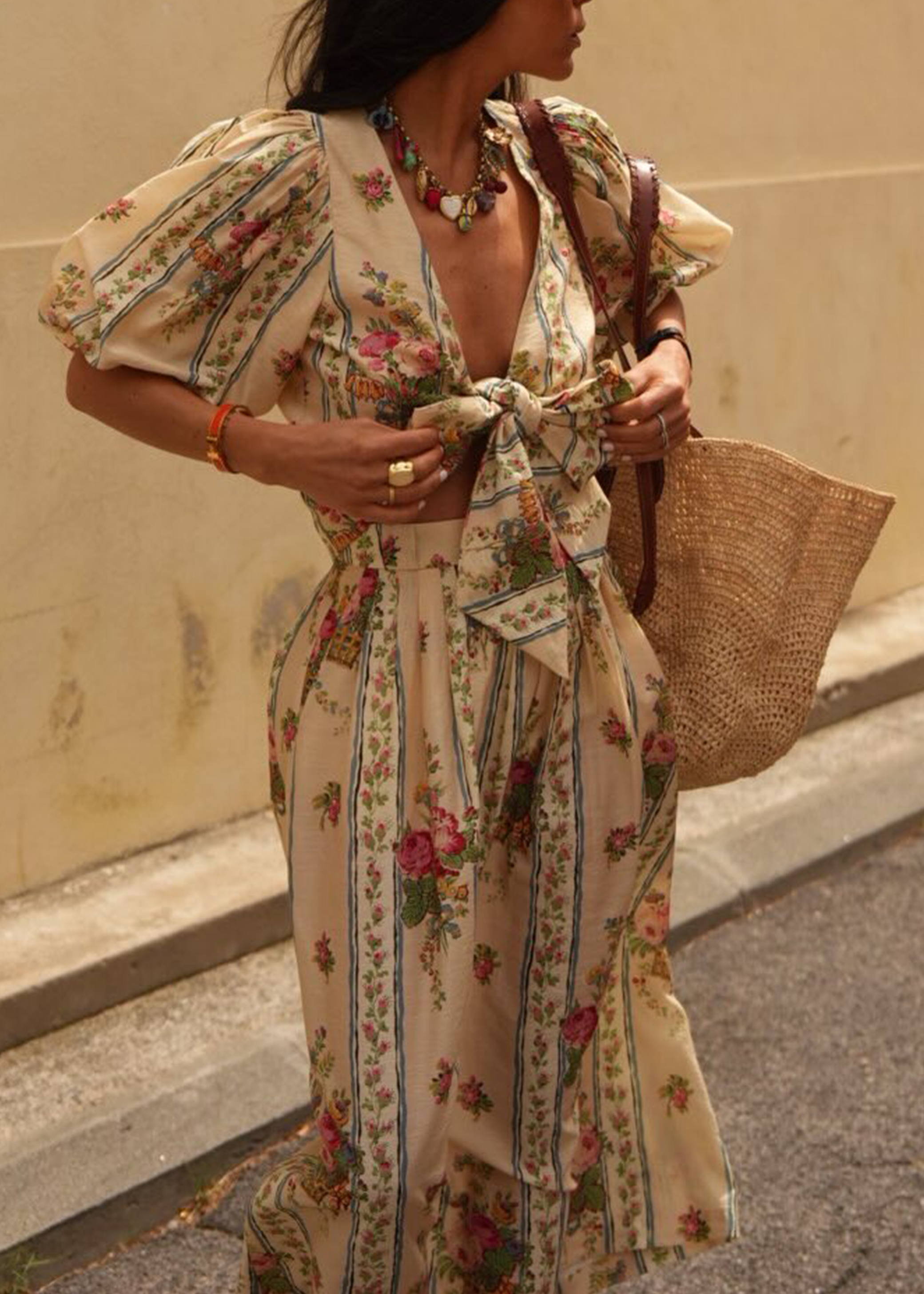 Beige Floral Print Bow Tie Crop Top Midi Skirt Set