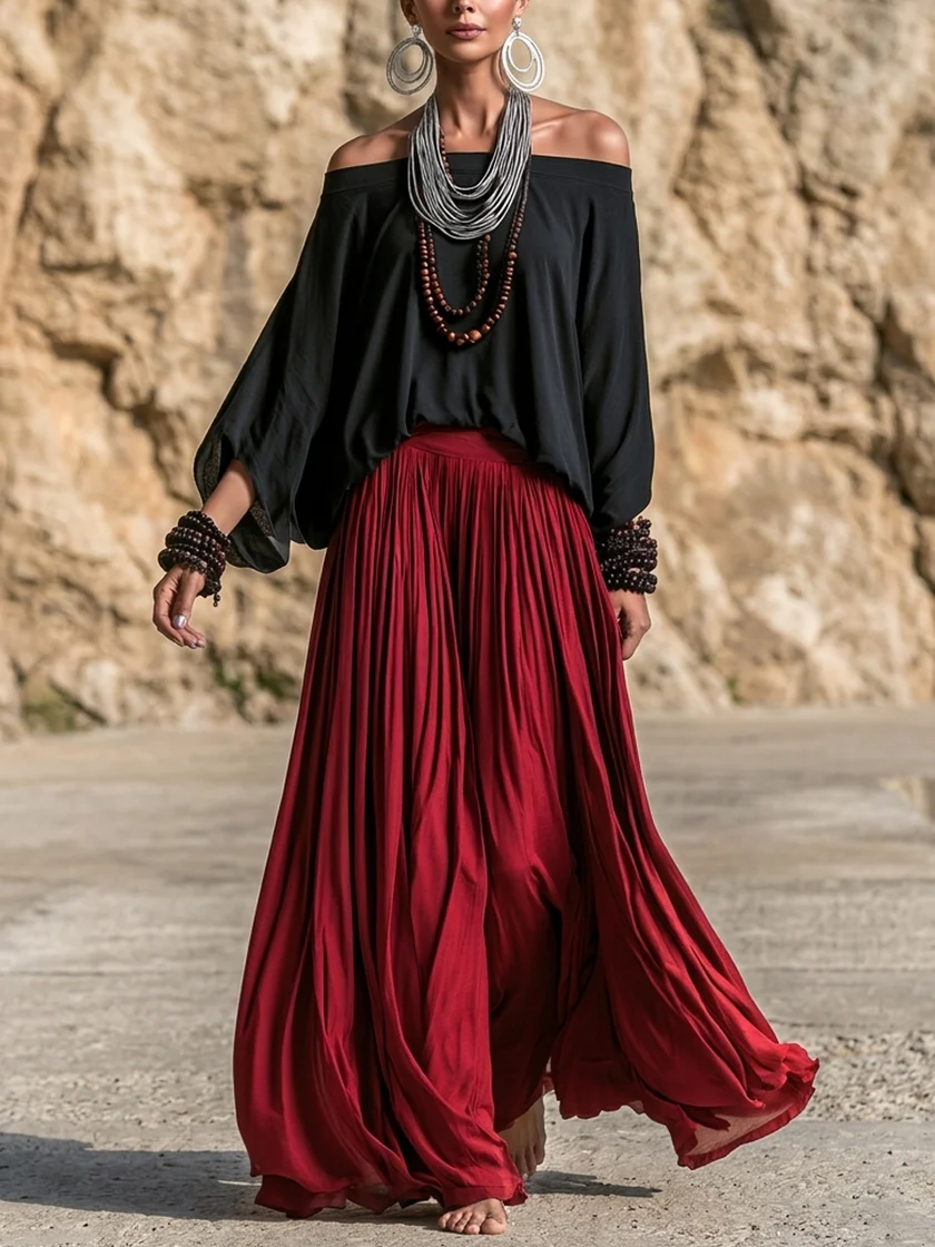 Red Pleated Flowy Maxi Skirt Black Off Shoulder Top Set