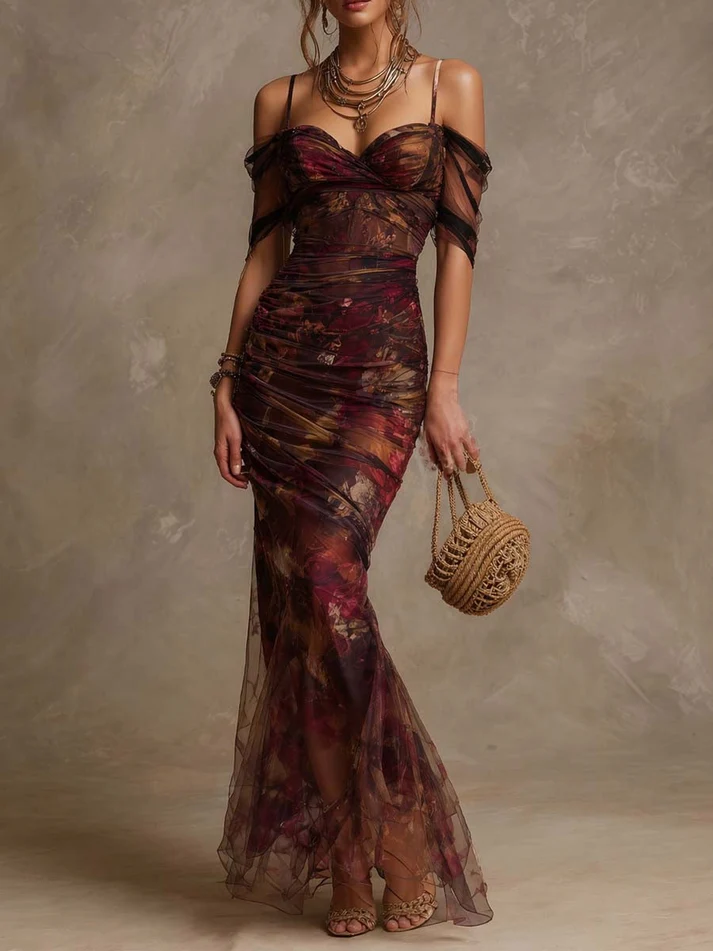 Brown Floral Print Fitted Mermaid Elegant Maxi Dress