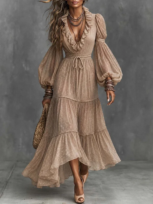 Khaki Ruffled V Neck Lantern Sleeve Tiered Maxi Dress Chiffon Boho Vacation Dress