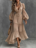 Khaki Ruffled V Neck Lantern Sleeve Tiered Maxi Dress Chiffon Boho Vacation Dress
